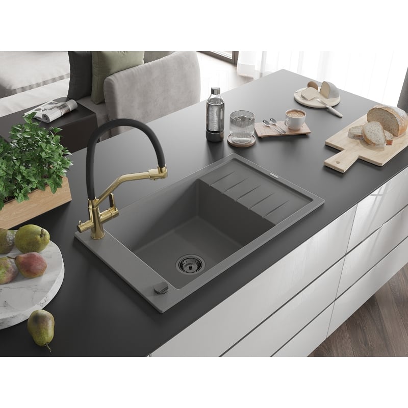 Mexen Elias granite sink 1-bowl with drainer and Duo kitchen faucet, gray - 6511-71-671701-57-B