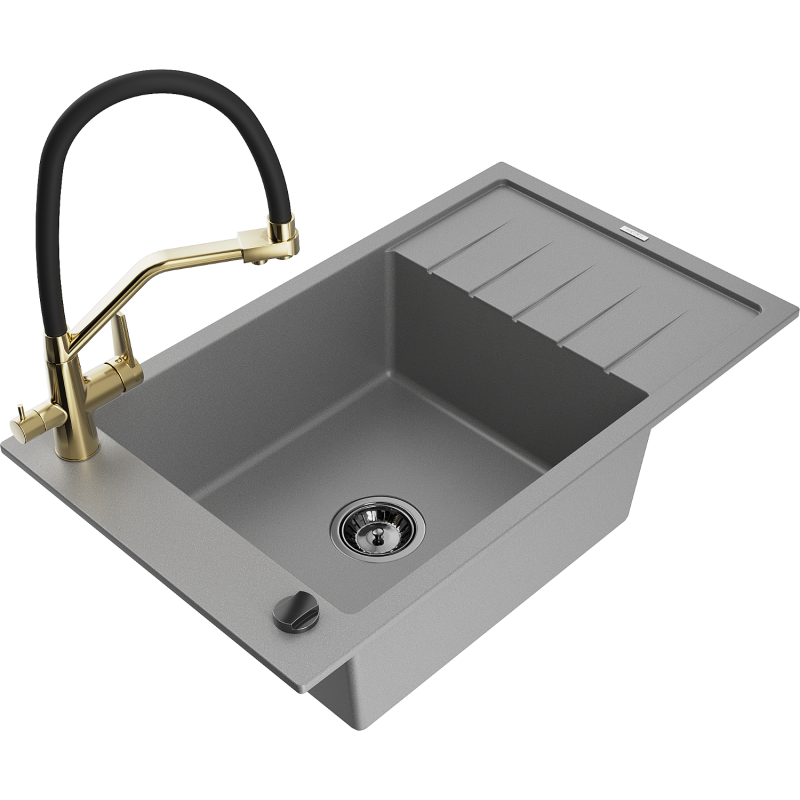 Mexen Elias lava-loiça em granito de 1 bacia com escorredor e torneira de cozinha Duo, cinzento - 6511-71-671701-57-B