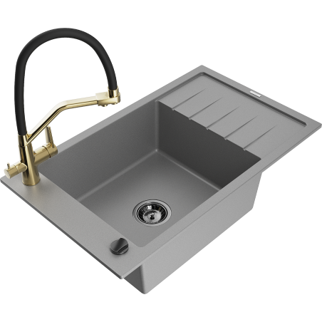 Mexen Elias granite sink with 1 basin, drainer and Duo kitchen tap, grey - 6511-71-671701-57-B
