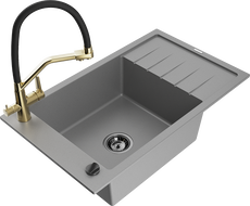 Mexen Elias granite sink with 1 basin, drainer and Duo kitchen tap, grey - 6511-71-671701-57-B