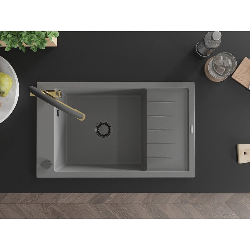 Mexen Elias fregadero de cocina de granito 1 compartimento con escurridor y grifo de cocina Duo, gris - 6511-71-671701-57-B