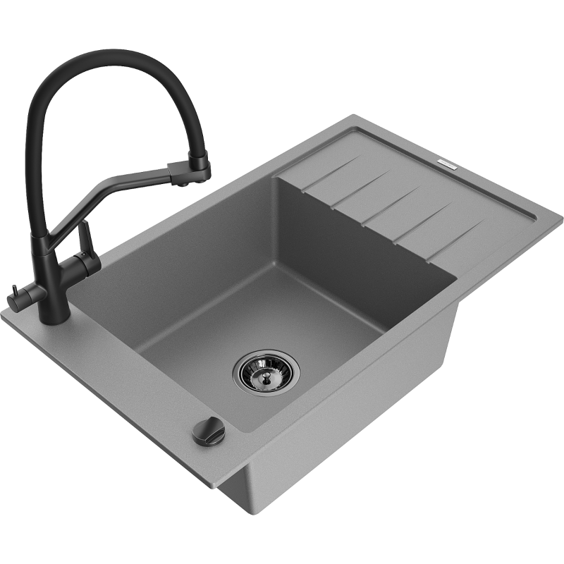 Mexen Elias fregadero de granito de 1 seno con escurridor y grifo de cocina Duo, gris - 6511-71-671701-70-B