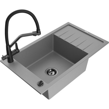 Mexen Elias fregadero de granito de 1 seno con escurridor y grifo de cocina Duo, gris - 6511-71-671701-70-B