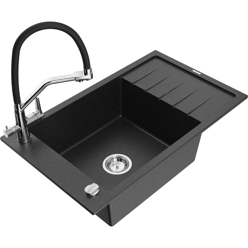 Mexen Elias 1-kamer granieten spoelbak met afdruiprek en Duo keukenkraan, zwart/zilver metallic - 6511-73-671701-07