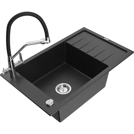 Mexen Elias granite kitchen sink 1-bowl with drainer and Duo kitchen faucet, black/silver metallic - 6511-73-671701-07