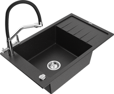 Mexen Elias granite kitchen sink 1-bowl with drainer and Duo kitchen faucet, black/silver metallic - 6511-73-671701-07