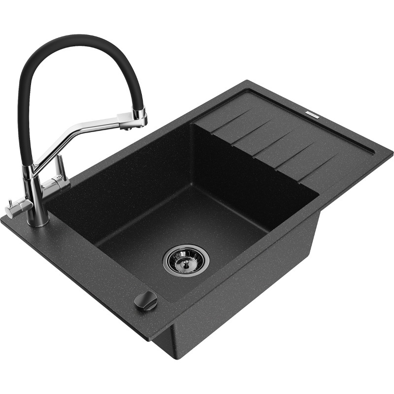Mexen Elias fregadero de granito de 1 seno con escurridor y grifo de cocina Duo, negro/metalizado plateado - 6511-73-671701-07-B