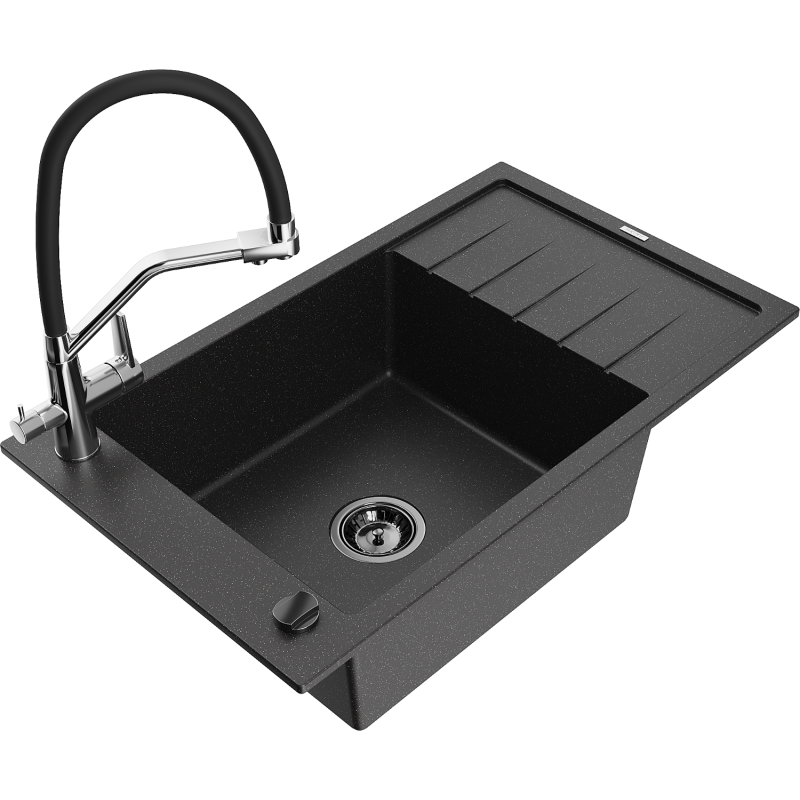 Mexen Elias granieten spoelbak 1-kamer met afdruiprek en keukenkraan Duo, zwart/zilver metallic - 6511-73-671701-07-B