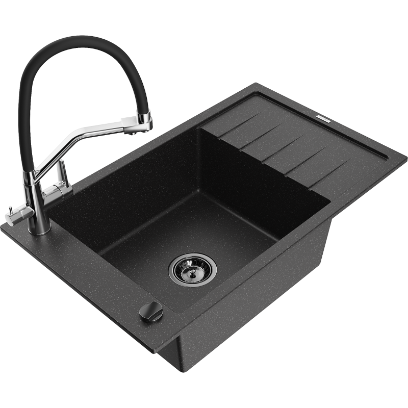 Mexen Elias granite sink 1-bowl with drainer and Duo kitchen tap, black/silver metallic - 6511-73-671701-07-B