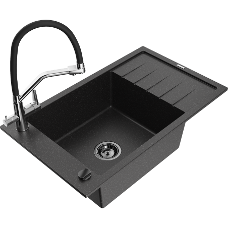 Mexen Elias granieten spoelbak 1-kamer met afdruiprek en keukenkraan Duo, zwart/zilver metallic - 6511-73-671701-07-B
