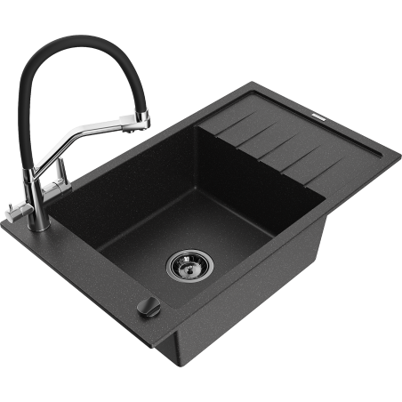Mexen Elias granite sink 1-bowl with drainer and Duo kitchen tap, black/silver metallic - 6511-73-671701-07-B