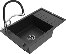 Mexen Elias fregadero de granito de 1 seno con escurridor y grifo de cocina Duo, negro/metálico plateado - 6511-73-671701-07-B