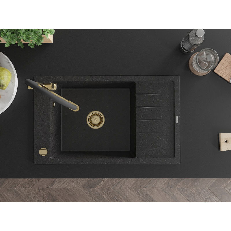 Mexen Elias Granitspüle 1-Becken mit Abtropffläche und Küchenarmatur Duo, schwarz/silber metallic - 6511-73-671701-57-G