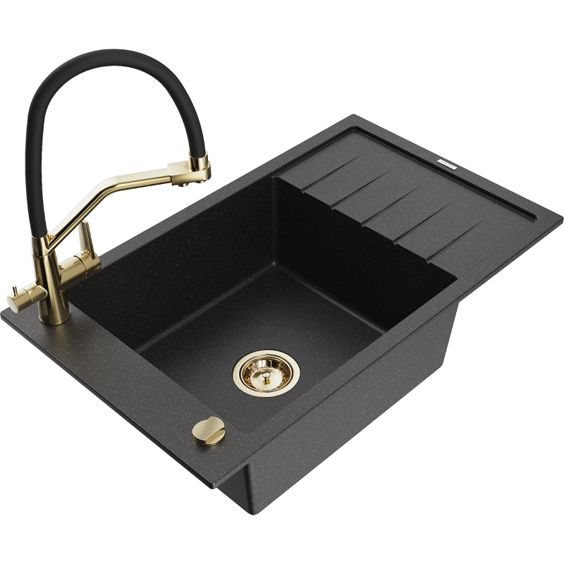Mexen Elias granite sink 1-bowl with drainer and Duo kitchen tap, black/silver metallic - 6511-73-671701-57-G