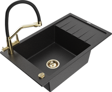 Mexen Elias granite kitchen sink 1-bowl with drainer and Duo kitchen faucet, black/silver metallic - 6511-73-671701-57-G