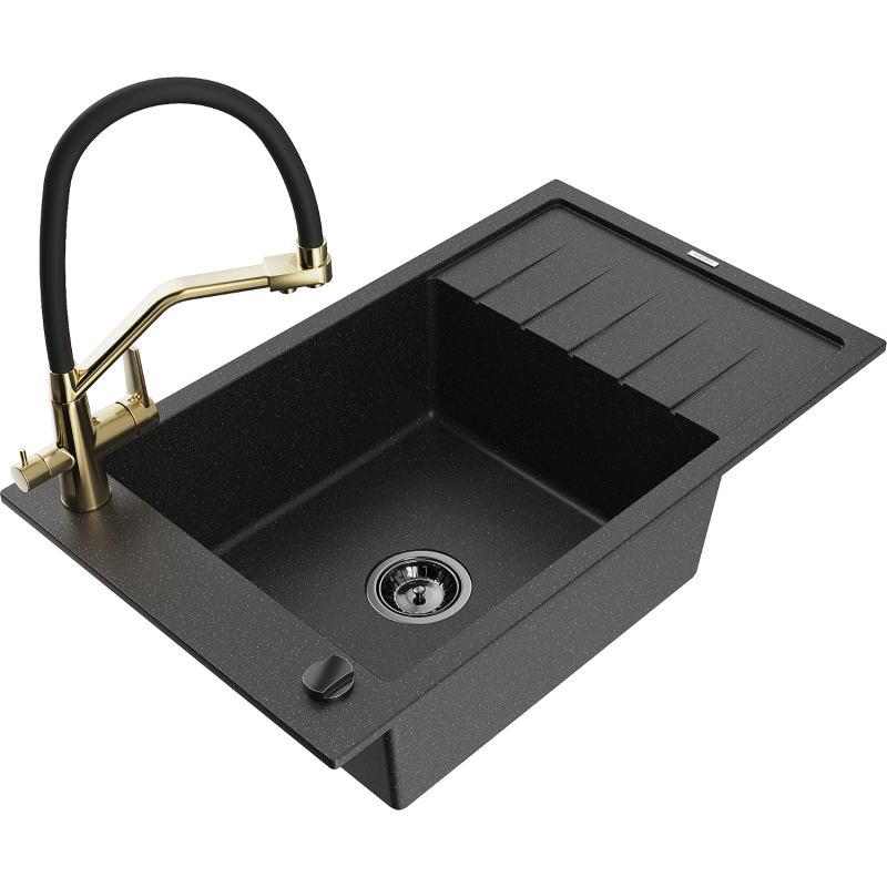 Mexen Elias granitische gootsteen met 1 kom, afdruiprek en Duo keukenkraan, zwart/zilver metallic - 6511-73-671701-57-B