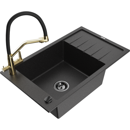 Mexen Elias granieten spoelbak 1-kompartement met afdruiprek en keukenmengkraan Duo, zwart/zilver metallic - 6511-73-671701-57-?