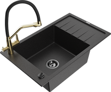 Mexen Elias granite sink 1-bowl with drainer and Duo kitchen tap, black/silver metallic - 6511-73-671701-57-B