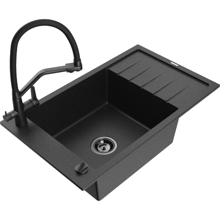 Mexen Elias Granitspüle 1-Becken mit Abtropffläche und Küchenarmatur Duo, schwarz/silber metallik - 6511-73-671701-70-B
