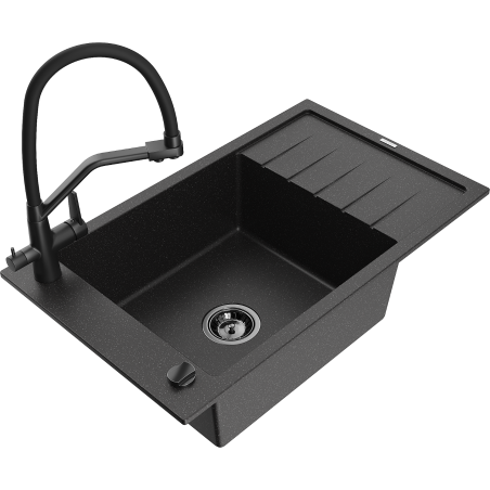 Mexen Elias Granitspüle 1-beckig mit Abtropffläche und Küchenarmatur Duo, schwarz/silber metallic - 6511-73-671701-70-B