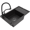 Mexen Elias Granitspüle 1-Becken mit Abtropffläche und Küchenarmatur Duo, schwarz/silber metallik - 6511-73-671701-70-B