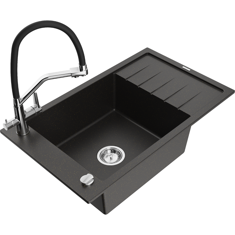 Mexen Elias lava-loiça de granito 1-cuba com escorredor e torneira de cozinha Duo, preto/dourado metálico - 6511-75-671701-07