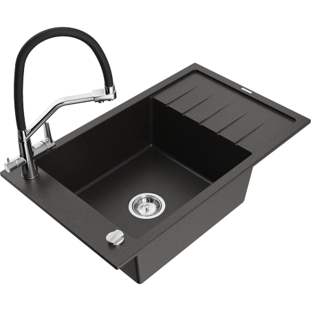 Mexen Elias lava-loiça de granito 1-cuba com escorredor e torneira de cozinha Duo, preto/dourado metálico - 6511-75-671701-07