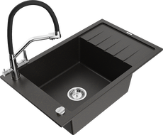 Mexen Elias granite kitchen sink with drainer and Duo faucet, black/gold metallic - 6511-75-671701-07