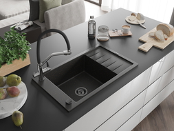 Mexen Elias granieten spoelbak 1-komor met druiprek en keukenmengkraan Duo, zwart/goud metallic - 6511-75-671701-07-B