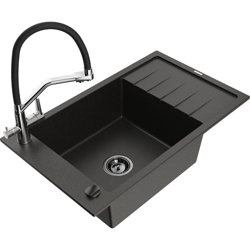Mexen Elias fregadero de granito de 1 compartimento con escurridor y grifo de cocina Duo, negro/dorado metálico