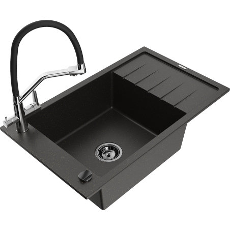 Mexen Elias fregadero de granito de 1 compartimento con escurridor y grifo de cocina Duo, negro/dorado metálico