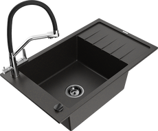 Mexen Elias fregadero de granito de 1 seno con escurridor y grifo de cocina Duo, negro/oro metálico - 6511-75-671701-07-B