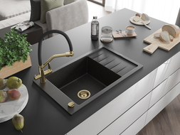 Mexen Elias granieten spoelbak met 1 bak, afdruiprek en Duo-keukenkraan, zwart/gouden metallic - 6511-75-671701-57-G