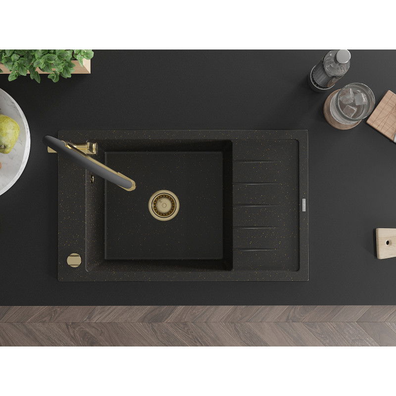 Mexen Elias granieten spoelbak met 1 bak, afdruiprek en Duo-keukenkraan, zwart/gouden metallic - 6511-75-671701-57-G