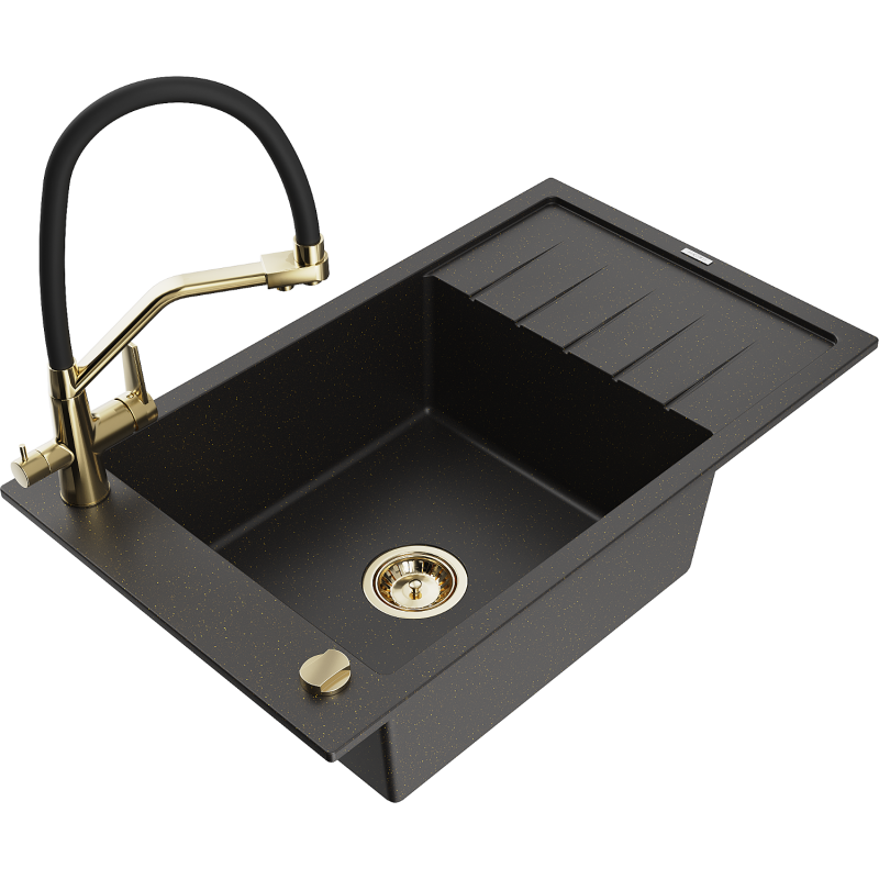 Mexen Elias granitdiskbänk med en kammare med avrinningsyta och Duo-köksblandare, svart/guld metallic - 6511-75-671701-57-G