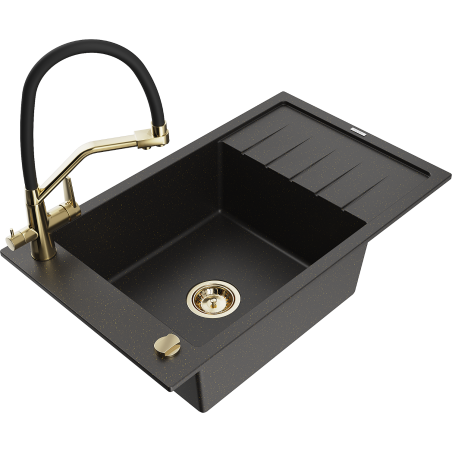 Mexen Elias granite kitchen sink 1-bowl with drainer and kitchen faucet Duo, black/gold metallic - 6511-75-671701-57-G