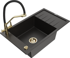 Mexen Elias granieten spoelbak met 1 bak, afdruiprek en Duo-keukenkraan, zwart/gouden metallic - 6511-75-671701-57-G