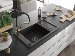 Mexen Elias granieten spoelbak 1-kompartment met afdruiprek en Duo keukenkraan, zwart/goud metallic - 6511-75-671701-57-B