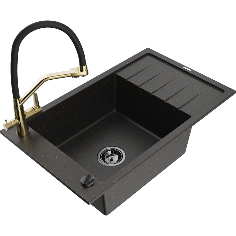 Mexen Elias fregadero de granito de 1 cámara con escurridor y grifo de cocina Duo, negro/dorado metálico - 6511-75-671701-57-B
