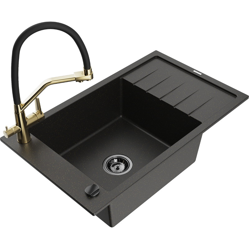 Mexen Elias granitenspoelbak 1-komorige met afdruiprek en keukenmengkraan Duo, zwart/goud metallic - 6511-75-671701-57-B
