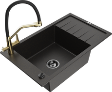 Mexen Elias fregadero de granito de 1 cámara con escurridor y grifo de cocina Duo, negro/dorado metálico - 6511-75-671701-57-B