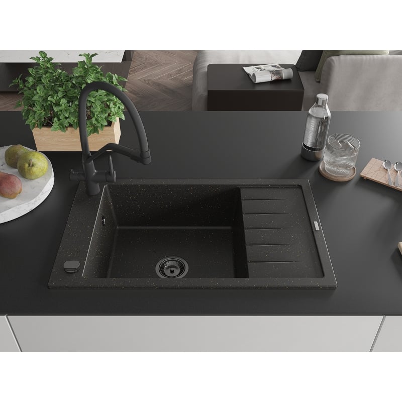Mexen Elias 1-bowl granite sink with drainer and Duo kitchen faucet, black/gold metallic - 6511-75-671701-70-B