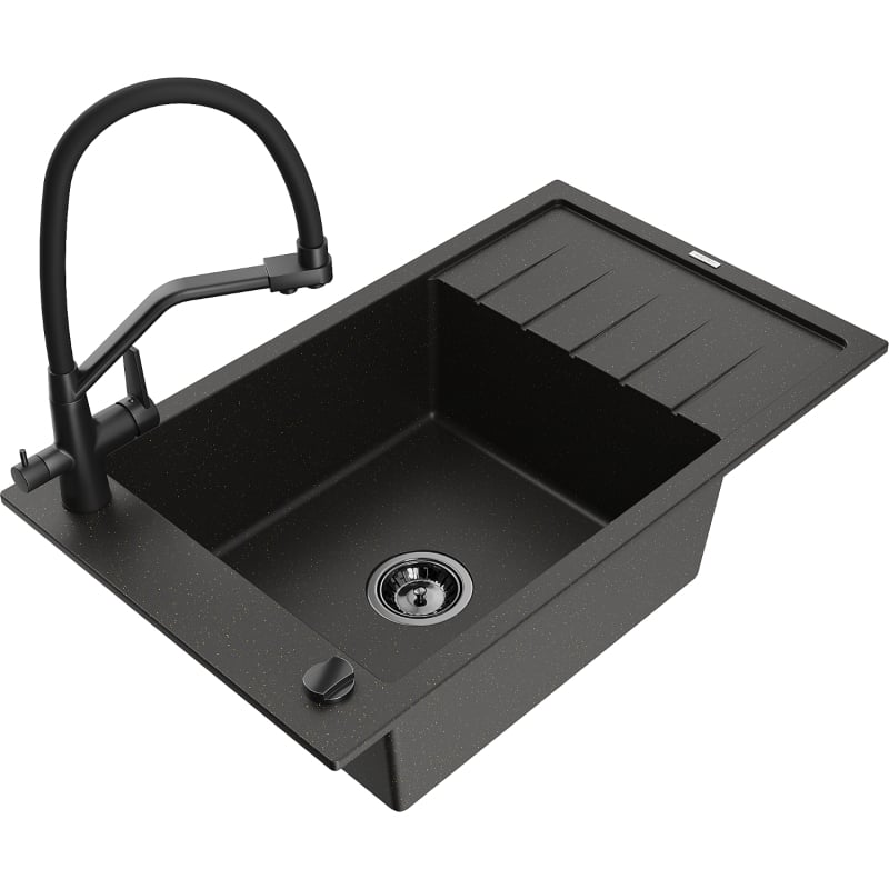 Mexen Elias 1-bowl granite sink with drainer and Duo kitchen faucet, black/gold metallic - 6511-75-671701-70-B