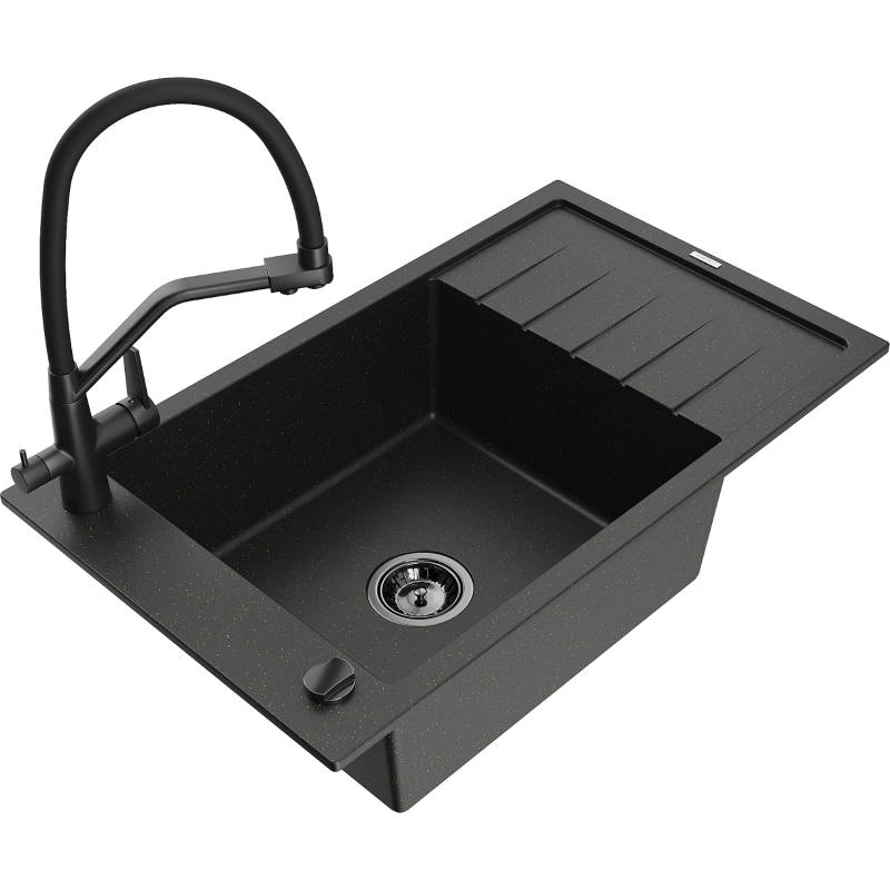 Mexen Elias 1-bowl granite sink with drainer and Duo kitchen tap, black/gold metallic - 6511-75-671701-70-B