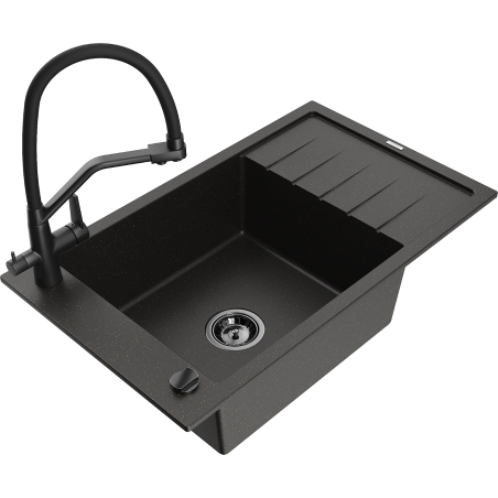 Mexen Elias 1-bowl granite sink with drainer and Duo kitchen faucet, black/gold metallic - 6511-75-671701-70-B