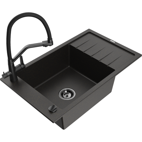 Mexen Elias 1-bowl granite sink with drainer and Duo kitchen tap, black/gold metallic - 6511-75-671701-70-B