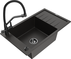 Mexen Elias 1-bowl granite sink with drainer and Duo kitchen faucet, black/gold metallic - 6511-75-671701-70-B