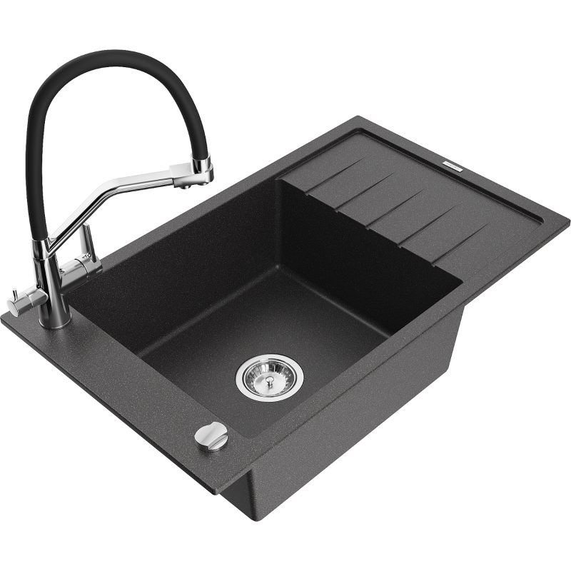 Mexen Elias lava-louça de granito de 1 bacia com escorredor e torneira de cozinha Duo, preto salpicado - 6511-76-671701-07