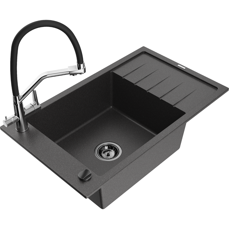 Mexen Elias granite sink 1-bowl with drainer and kitchen tap Duo, black speckled - 6511-76-671701-07-B