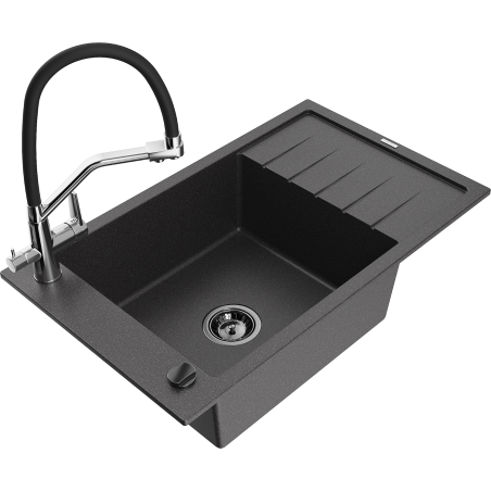 Mexen Elias granite sink 1-bowl with drainer and kitchen tap Duo, black speckled - 6511-76-671701-07-B